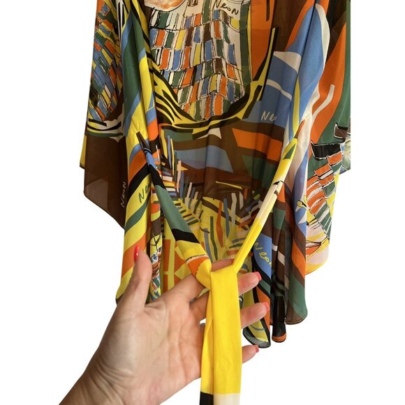 Neon By Macys Sheer Vibrant Owl Print Kimono Blouse Tie-Front V-Neck Womens S - Picture 6 of 8
